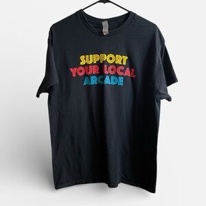 Support Your Local Arcade Graphic T-Shirt Men’s L Black Retro Gaming Promo Tee